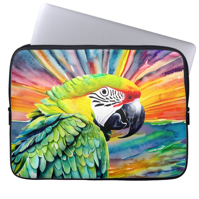 Leuke AI Gegenereerde Waterverf Stijl Groene Papeg Laptop Sleeve (Voorkant)