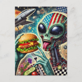 Leuke Alien Eten Cheeseburger Encaustic Collage Briefkaart