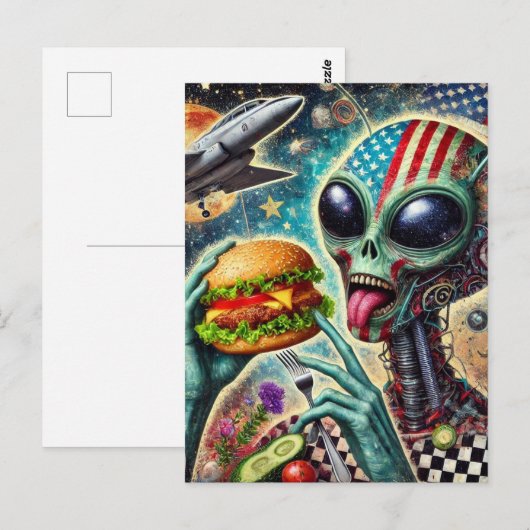 Leuke Alien Eten Cheeseburger Encaustic Collage Briefkaart (Voorkant / Achterkant)