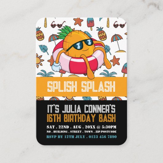 Leuke Ananas, Pool Party Verjaardag Handout Ticket (Voorkant)