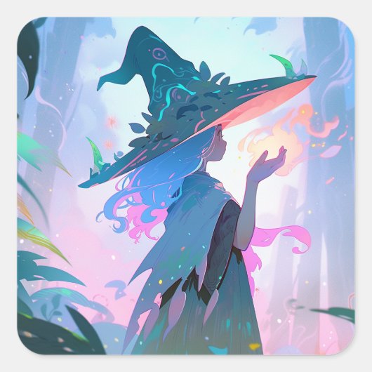 Leuke anime heks meisje fantasy kunst vierkante sticker (Voorkant)