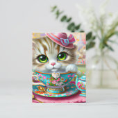 Leuke Antropomorphic Kitten op een Tea Party Briefkaart (Staand voorkant)