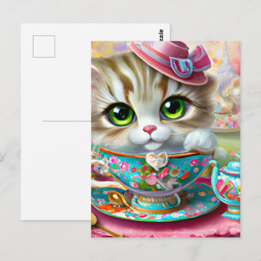 Leuke Antropomorphic Kitten op een Tea Party Briefkaart (Voorkant / Achterkant)