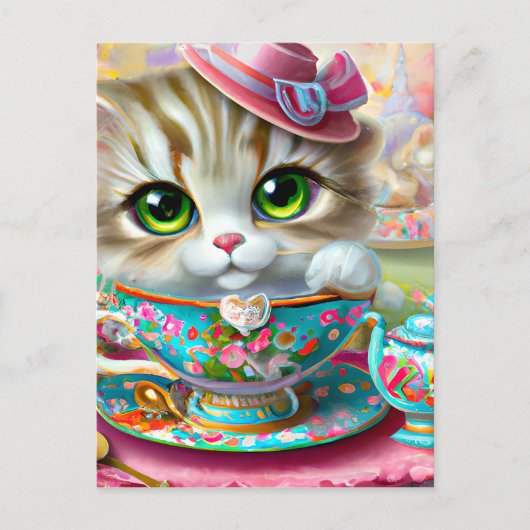 Leuke Antropomorphic Kitten op een Tea Party Briefkaart (Voorkant)