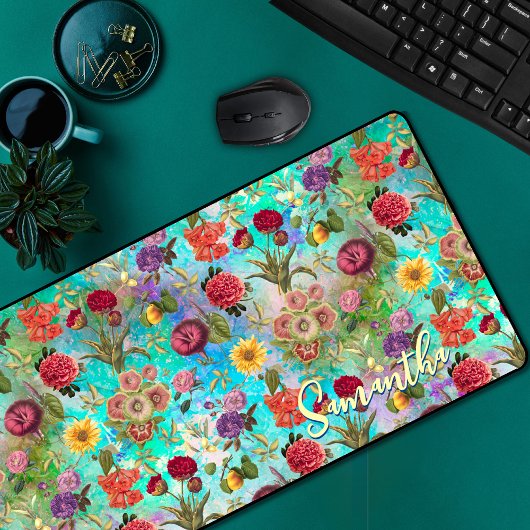 Leuke aqua groen elegant bloemenpatroon Desk Mat