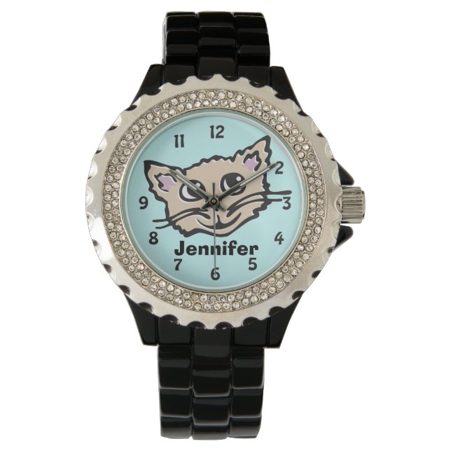 Leuke aqua meisjes kat kitten grafische naam polsh horloge (Voorkant)