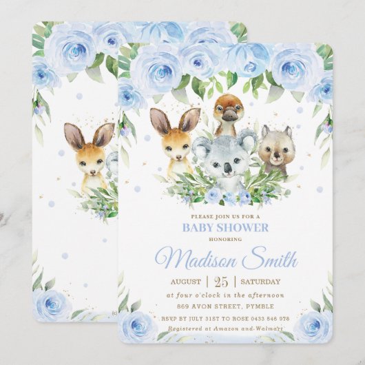Leuke Australische Dieren Blauw Bloemen Baby showe Kaart (Voorkant / Achterkant)