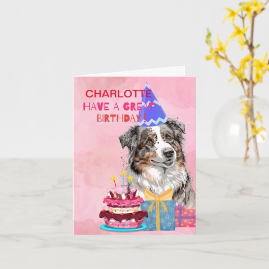 Leuke Australische herder met taart verjaardag Kaart (Gele Bloem)