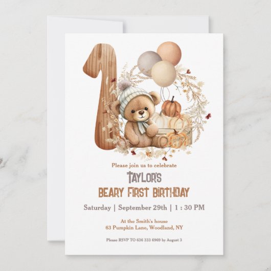 Leuke Baby Beer Herfst Beary 1e Verjaardagsuitnodi Kaart (Voorkant)
