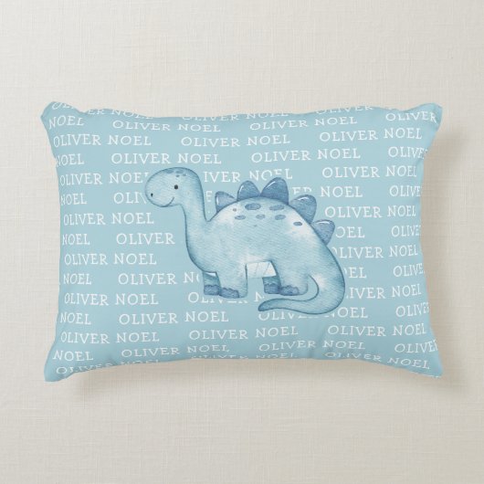 Leuke Baby Blauwe Dinosaurus met Naam Waterverf Accent Kussen (Voorkant)