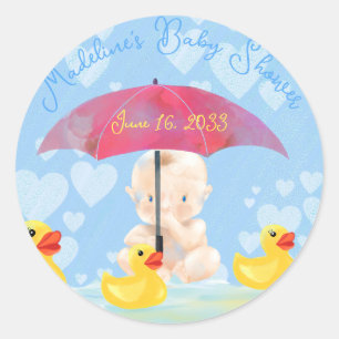 Leuke Baby Boy Ducky en Paraplu Ronde Baby shower Sticker