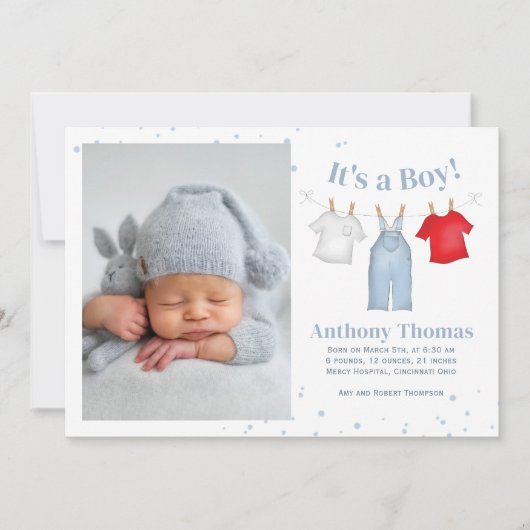 Leuke Baby Boy Whimsical Eenvoudige Denim Blauwe K Aankondiging (Voorkant)