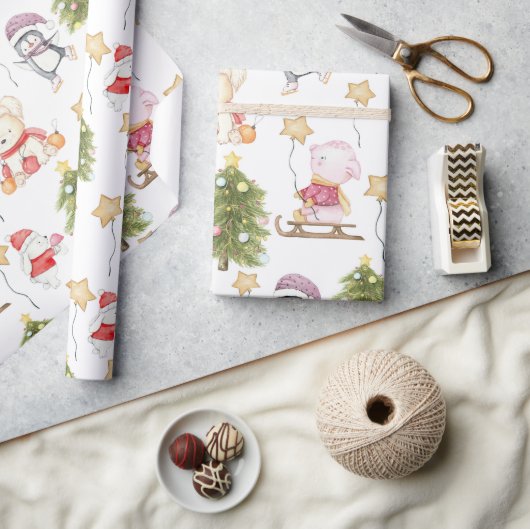 Leuke Baby Dieren Sterren Bomen Kerstmis Cadeaupapier (Crafts)