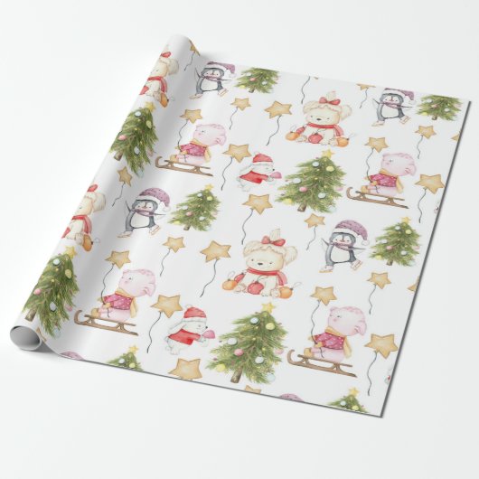 Leuke Baby Dieren Sterren Bomen Kerstmis Cadeaupapier (Uitgerold)