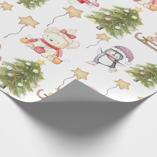Leuke Baby Dieren Sterren Bomen Kerstmis Cadeaupapier (Hoek)