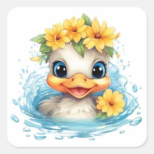 Leuke Baby Eend Eenden Leuke dieren bloemen Vierkante Sticker (Voorkant)