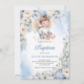 Leuke baby engel Stoffig Blauw ivoor Bloemen Doop Kaart (Voorkant)