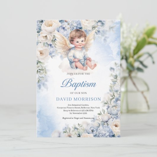 Leuke baby engel Stoffig Blauw ivoor Bloemen Doop Kaart (Staand voorkant)