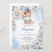 Leuke baby engel Stoffig Blauw ivoor Bloemen Doop Kaart (Voorkant / Achterkant)