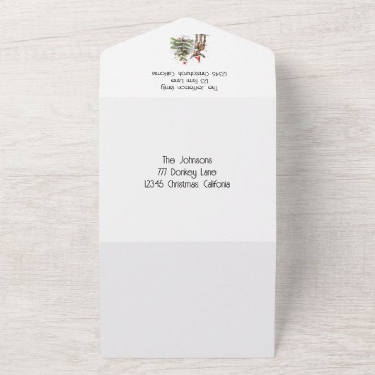 Leuke baby ezel en kerstboom, aanpasbaar all in one uitnodiging (Buitenkant)