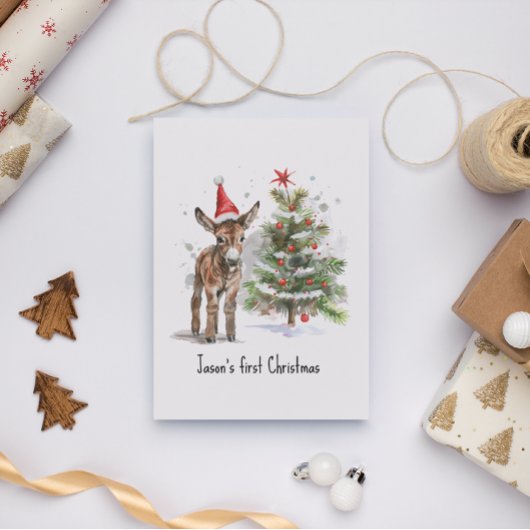 Leuke baby ezel en kerstboom, aanpasbaar briefkaart