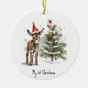 Leuke baby ezel en kerstboom, aanpasbaar keramisch ornament