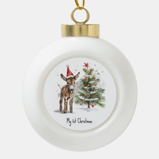 Leuke baby ezel en kerstboom, aanpasbaar keramische bal ornament (Voorkant)
