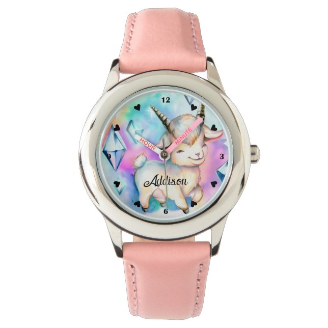 Leuke Baby Geit en Diamonds Regenboog Waterverf Horloge (Voorkant)