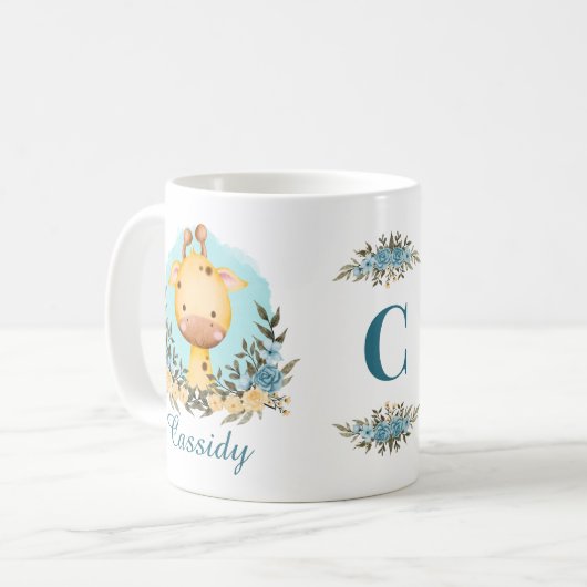 Leuke Baby Giraffe Floral Monogram Gepersonaliseer Koffiemok (Voorkant links)