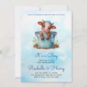 Leuke Baby Koe in Bucket Blue Baby shower Het is e Kaart (Voorkant)