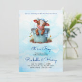 Leuke Baby Koe in Bucket Blue Baby shower Het is e Kaart (Staand voorkant)