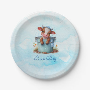 Leuke Baby Koe in Bucket Blue Baby shower Het is e Papieren Bordje