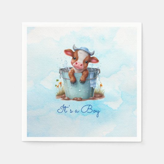 Leuke Baby Koe in Bucket Blue Baby shower Het is e Servet (Voorkant)