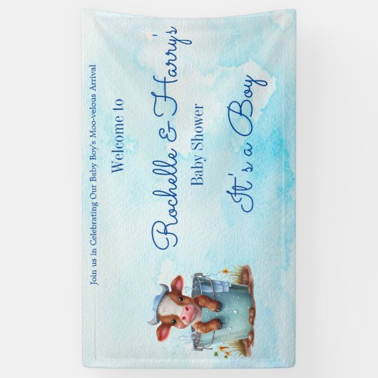 Leuke Baby Koe in Bucket Blue Baby shower Het is e Spandoek (Verticaal)
