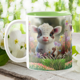 Leuke Baby Koe Kalf zittend in Flower Garden Boerd Tweekleurige Koffiemok