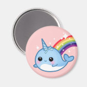 Leuke baby narwal met regenboog en sterren op roze magneet (Voorkant / Achterkant)