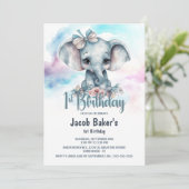 Leuke Baby Olifant Boy 1e Verjaardagsfeestje Kaart (Staand voorkant)