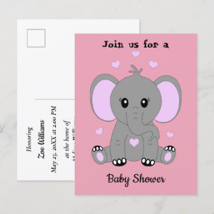 Leuke baby olifant in roze, baby shower uitnodiging briefkaart