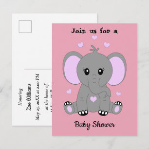 Leuke baby olifant in roze, baby shower uitnodiging briefkaart