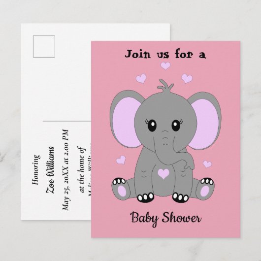 Leuke baby olifant in roze, baby shower uitnodiging briefkaart (Voorkant / Achterkant)