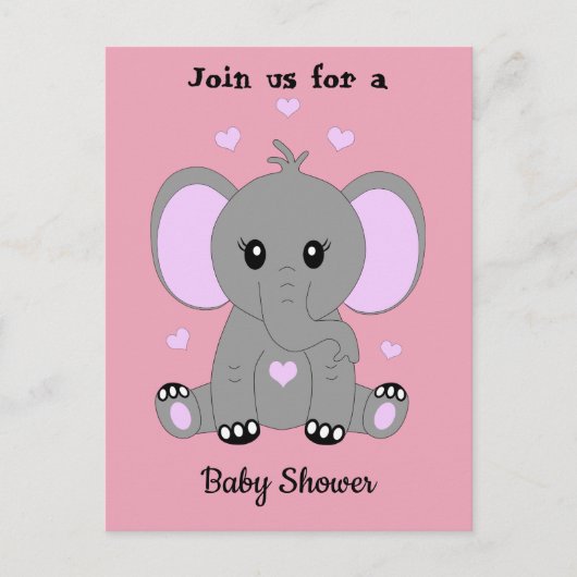 Leuke baby olifant in roze, baby shower uitnodiging briefkaart (Voorkant)