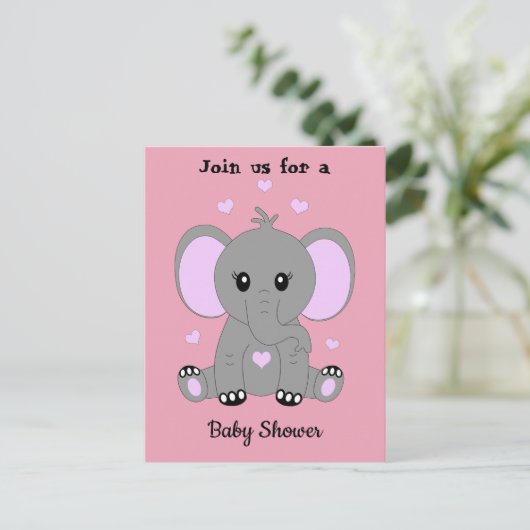 Leuke baby olifant in roze, baby shower uitnodiging briefkaart (Staand voorkant)