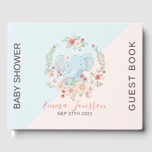 Leuke baby olifant kleurrijke bloemenkrans gastenboek (Voorkant)
