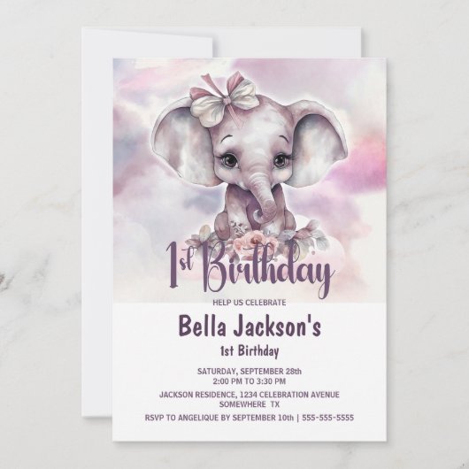 Leuke Baby Olifant Meisje 1e Verjaardagsfeest Kaart (Voorkant)