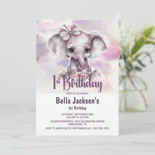Leuke Baby Olifant Meisje 1e Verjaardagsfeest Kaart (Staand voorkant)