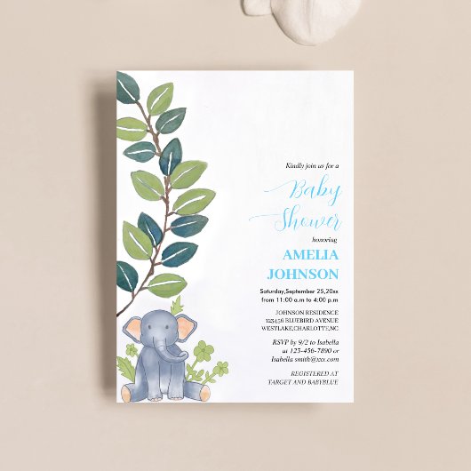 Leuke baby olifant met eucalyptus baby shower kaart
