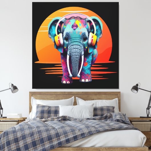 Leuke Baby Olifant met Hoofdtelefoon Canvas Afdruk (Insitu (Slaapkamer))