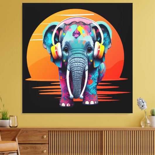 Leuke Baby Olifant met Hoofdtelefoon Canvas Afdruk (Insitu (Woonkamer))
