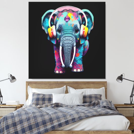 Leuke Baby Olifant met Hoofdtelefoon Canvas Afdruk (Insitu (Slaapkamer))