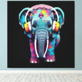 Leuke Baby Olifant met Hoofdtelefoon Canvas Afdruk (Insitu (Houten vloer))